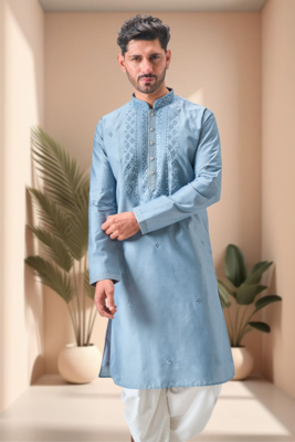 Blue art silk embroidery mirror work dhoti kurta set 4