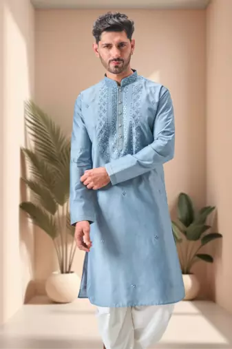 Blue art silk embroidery mirror work dhoti kurta set