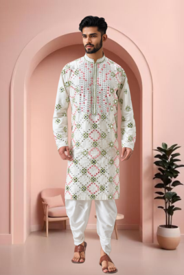Off white art silk embroidery mirror work dhoti kurta. 1