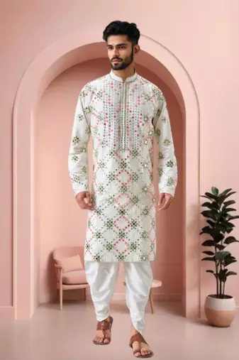 Off white art silk embroidery mirror work dhoti kurta.