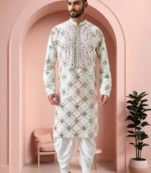 Off white art silk embroidery mirror work dhoti kurta.