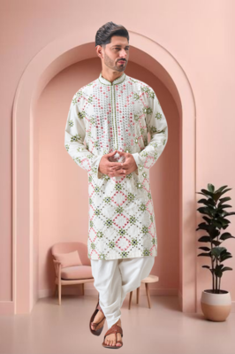 Off white art silk embroidery mirror work dhoti kurta. 2