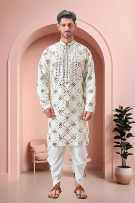 Off white art silk embroidery mirror work dhoti kurta. 3