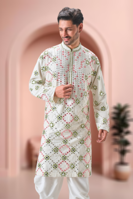 Off white art silk embroidery mirror work dhoti kurta. 4