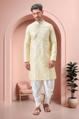 Yellow art silk embroidery dhoti kurta set 1