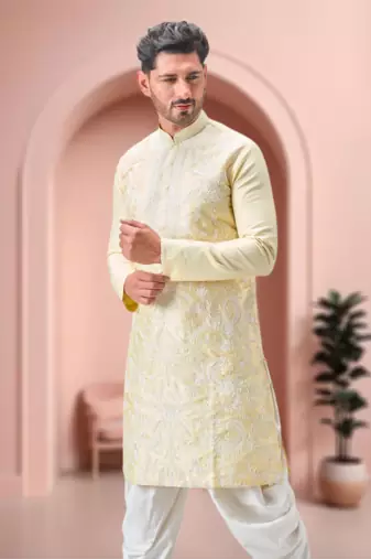 Yellow art silk embroidery dhoti kurta set