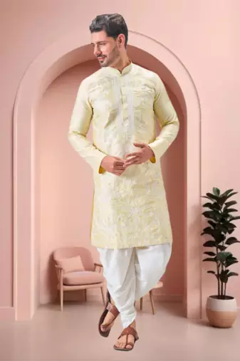 Yellow art silk embroidery dhoti kurta set