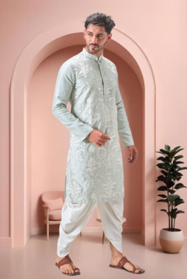 Green art silk embroidery dhoti kurta set 1