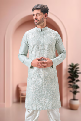 Green art silk embroidery dhoti kurta set 2