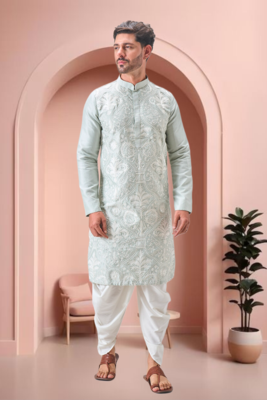 Green art silk embroidery dhoti kurta set 4
