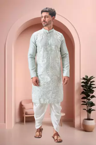 Green art silk embroidery dhoti kurta set