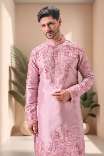 Pink art silk embroidery dhoti kurta set