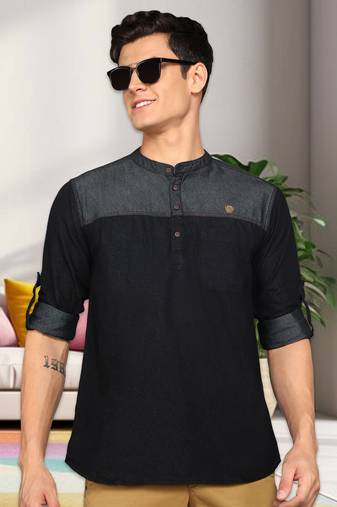 men's tailored fit indigo blue short denim kurta | kurta shirt for men