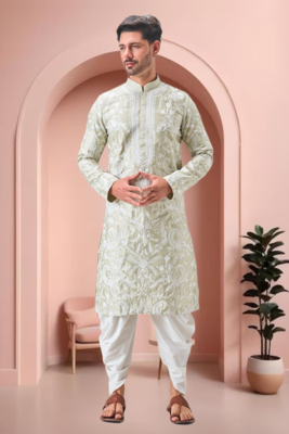 Pista green art silk embroidery dhoti kurta set 1