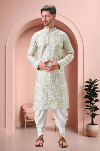 Pista green art silk embroidery dhoti kurta set