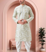 Pista green art silk embroidery dhoti kurta set