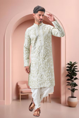 Pista green art silk embroidery dhoti kurta set 2
