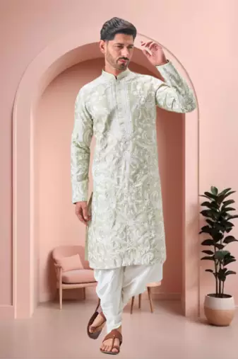 Pista green art silk embroidery dhoti kurta set