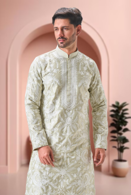 Pista green art silk embroidery dhoti kurta set 4