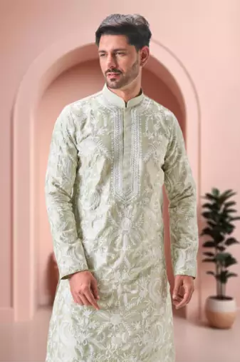 Pista green art silk embroidery dhoti kurta set