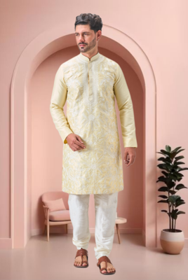 Yellow art silk embroidery kurta pajama set 1
