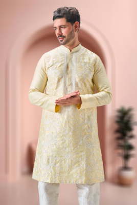 Yellow art silk embroidery kurta pajama set 2
