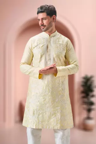 Yellow art silk embroidery kurta pajama set