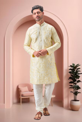 Yellow art silk embroidery kurta pajama set 3