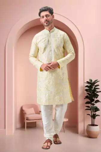 Yellow art silk embroidery kurta pajama set