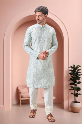Green art silk embroidery kurta pajama set 1