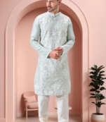 Green art silk embroidery kurta pajama set