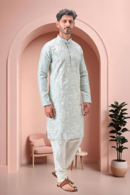 Green art silk embroidery kurta pajama set 2