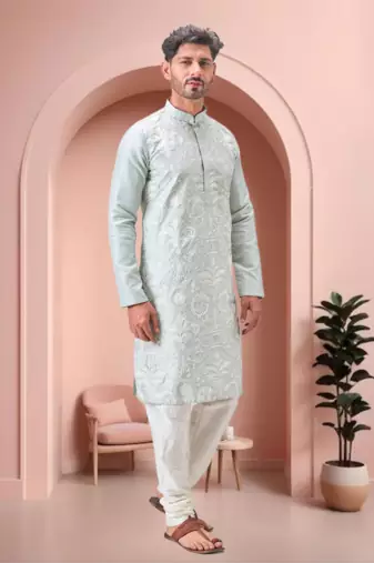 Green art silk embroidery kurta pajama set