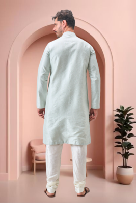 Green art silk embroidery kurta pajama set 3