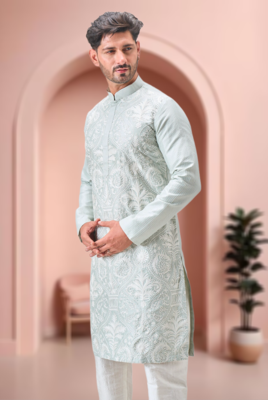 Green art silk embroidery kurta pajama set 4