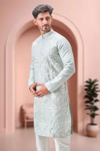 Green art silk embroidery kurta pajama set