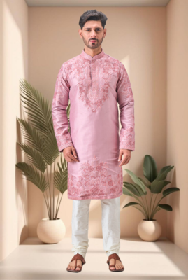 Pink art silk embroidery kurta pajama set 1