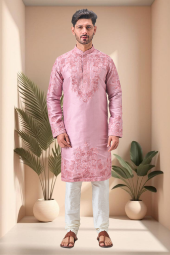 Pink art silk embroidery kurta pajama set