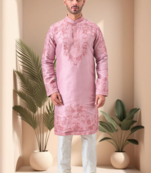 Pink art silk embroidery kurta pajama set