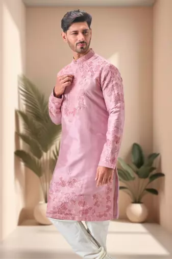 Pink art silk embroidery kurta pajama set
