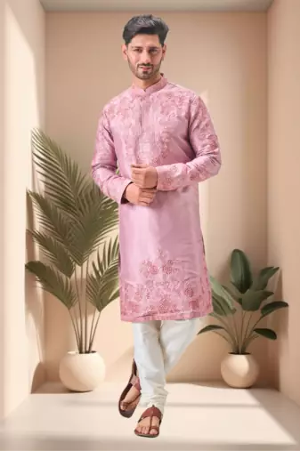 Pink art silk embroidery kurta pajama set