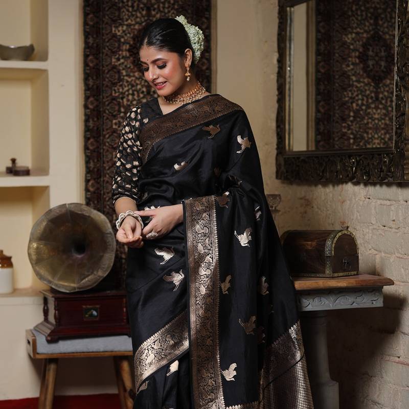 Black Silk blend sarees with blouse