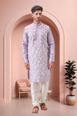 Purple art silk embroidery kurta pajama set 1