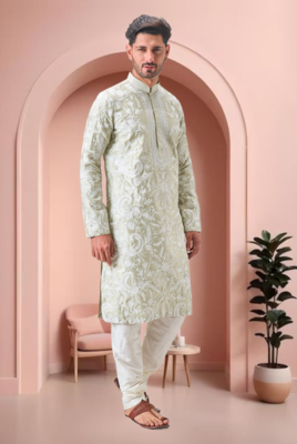 Pista green art silk embroidery kurta pajama set 1