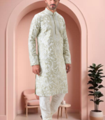 Pista green art silk embroidery kurta pajama set