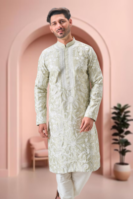 Pista green art silk embroidery kurta pajama set 2