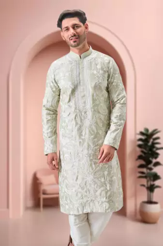 Pista green art silk embroidery kurta pajama set
