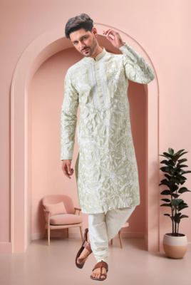 Pista green art silk embroidery kurta pajama set 3