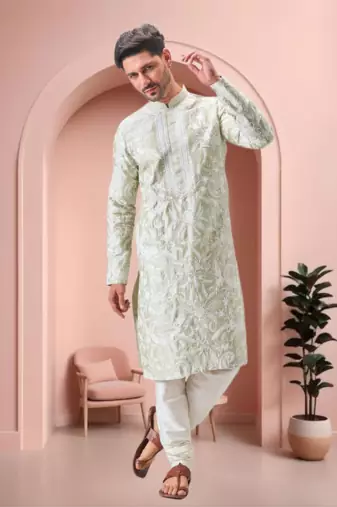 Pista green art silk embroidery kurta pajama set