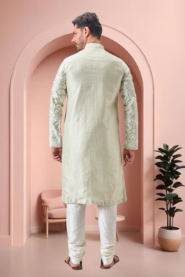 Pista green art silk embroidery kurta pajama set 4